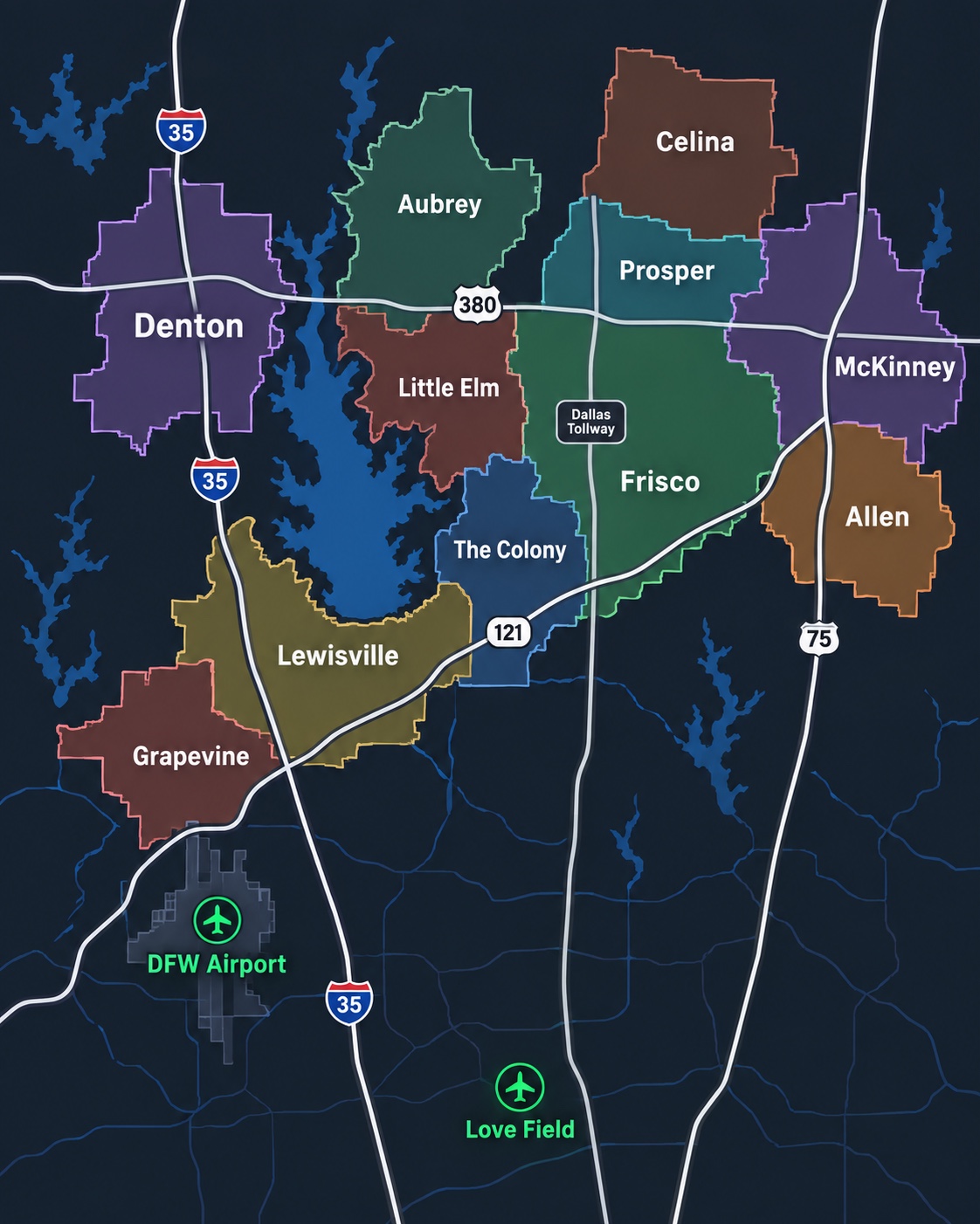 MyUberGuy service area map showing Grapevine, Lewisville, The Colony, Little Elm, Denton, Aubrey, Celina, Prosper, Frisco, McKinney, Allen, DFW Airport, and Dallas Love Field